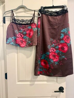 Free People Brown Satin Floral Midi Skirt & Lace Trim Cami - Pink, Teal, Black